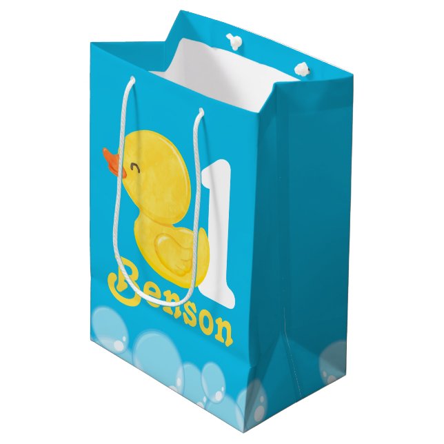 Sac Cadeau Moyen Canard en caoutchouc bleu Personnalisé Anniversair (Devant Angle)