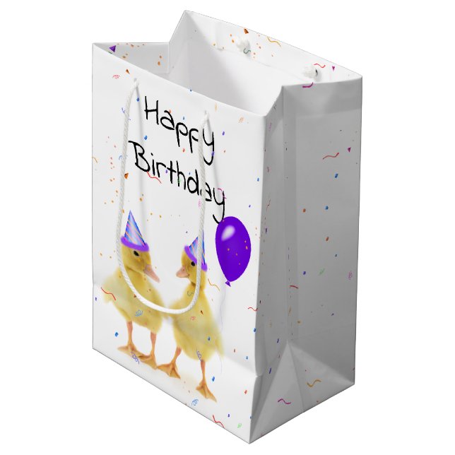 Sac Cadeau Moyen Canards de fête d'anniversaire avec ballons (Devant Angle)