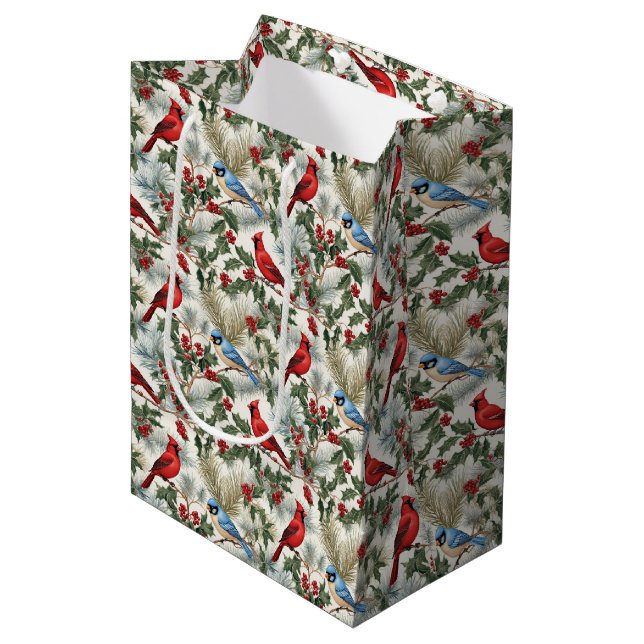 Sac Cadeau Moyen Cardinal de Noël bleu oiseau carrelé motif (Devant Angle)