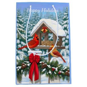 Sac Cadeau Moyen Cardinaux et nourriciers d'oiseaux de Noël