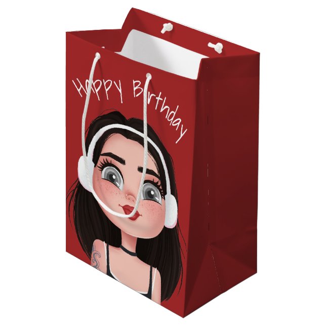 Sac Cadeau Moyen Caricature Anniversaire Fille Avec Casque (Devant Angle)