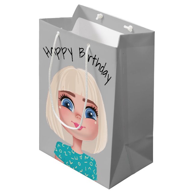 Sac Cadeau Moyen Caricature Anniversaire Fille Sur Grey (Devant Angle)
