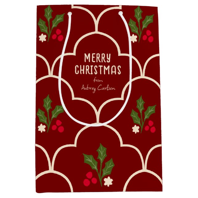Sac Cadeau Moyen Carreaux de Noël en pierre rouge foncé (Devant)