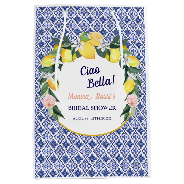 Sac Cadeau Moyen Carreaux italiens bleus Citrons Ciao Bella Shower  (Devant)