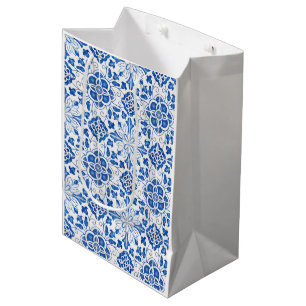 Sac Cadeau Moyen Carreaux Portugais Floral Méditerranéen Bleu
