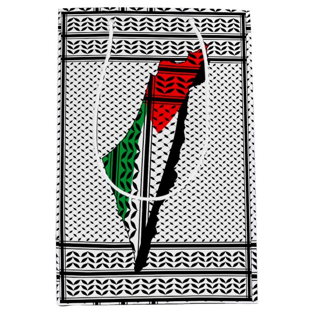 Sac Cadeau Moyen Carte de Palestine avec drapeau et Motif Keffiyeg (Devant)