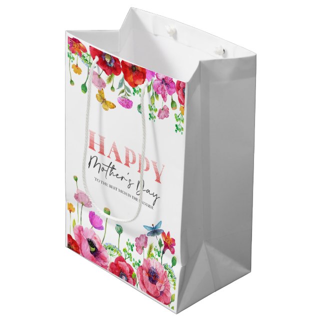 Sac Cadeau Moyen Carte de voeux Red White Floral Happy Mothers (Devant Angle)