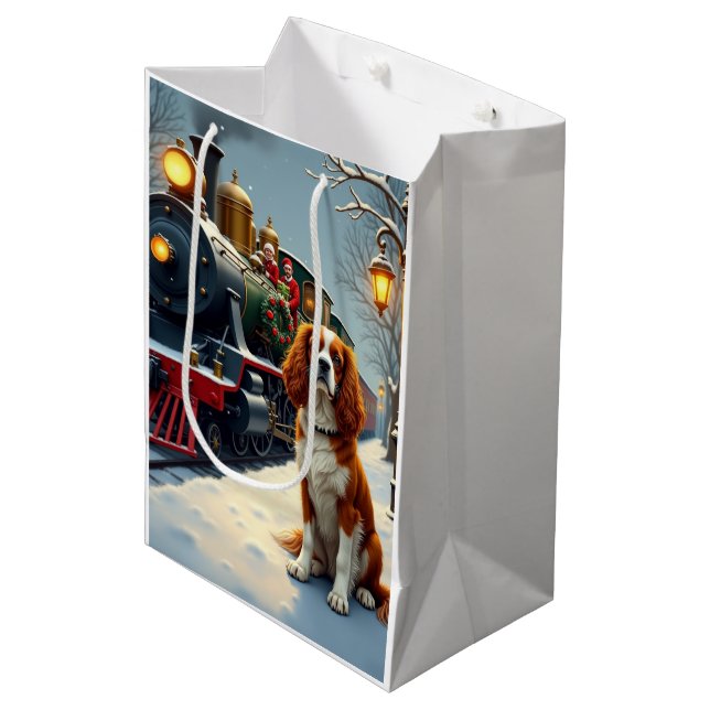 Sac Cadeau Moyen Cavalier King Charles Spaniel Christmas Train (Devant Angle)