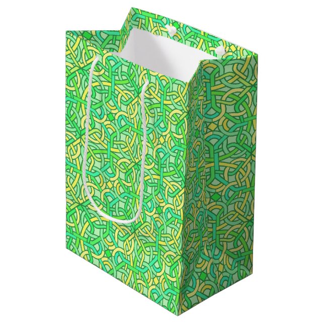 Sac Cadeau Moyen Celtic noeud irlandais Motif tresse vert jaune (Devant Angle)