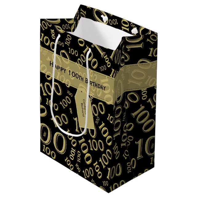Sac Cadeau Moyen Centenaire 100e anniversaire Motif noir/or (Devant Angle)