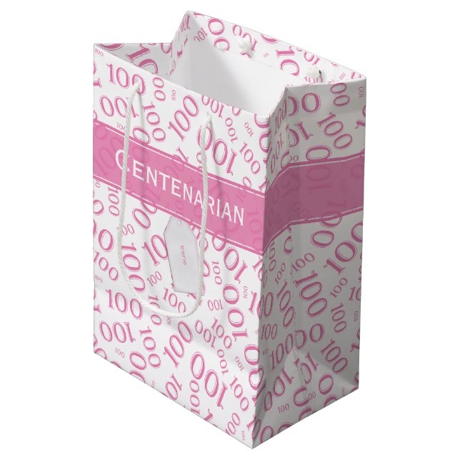 Sac Cadeau Moyen Centenarian 100th Pink Random Number Motif (Devant Angle)