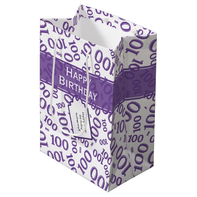 Sac Cadeau Moyen Centenarian 100th Purple Random Number Motif (Devant Angle)