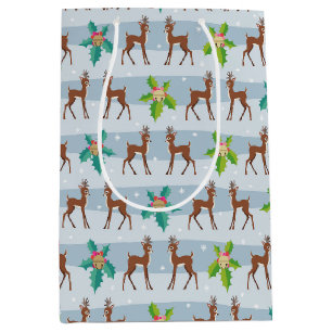 Sac Cadeau Moyen Cerf de Noël d'hiver avec Holly Retro inspiré