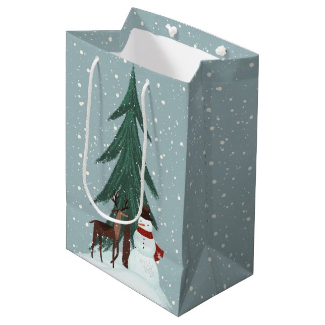 Sac Cadeau Moyen Cerf et bonhomme de neige dans les flocons de neig (Devant Angle)