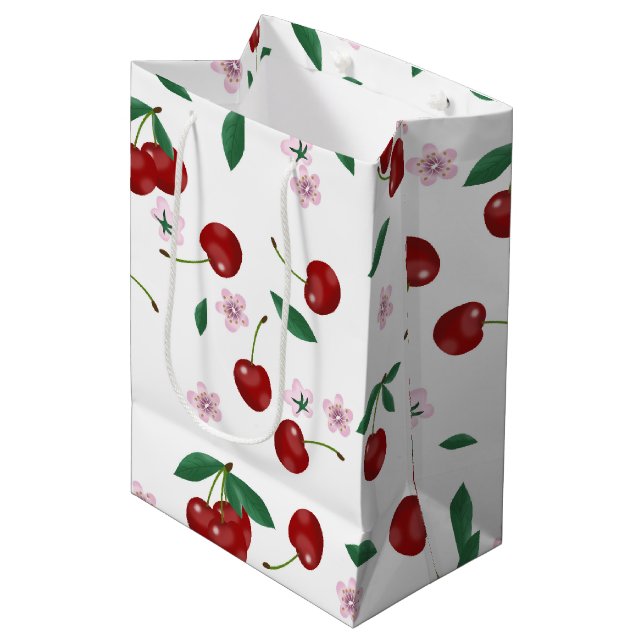 Sac Cadeau Moyen Cerises rouges botaniques Verdure et fleurs (Devant Angle)