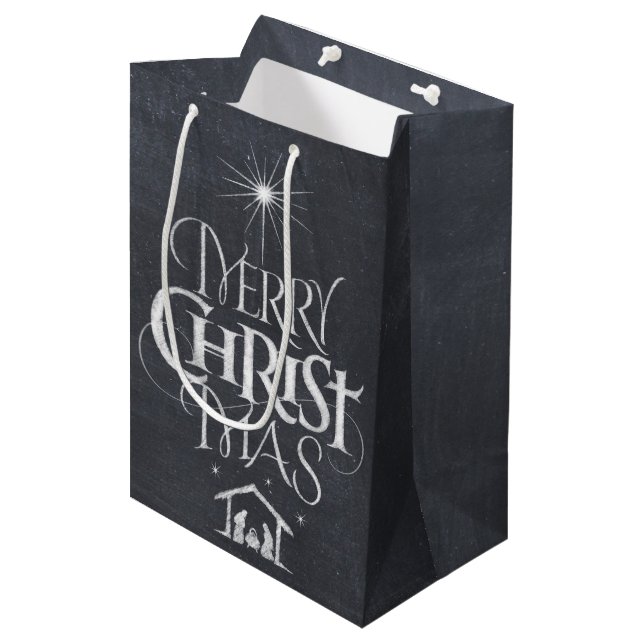 Sac Cadeau Moyen Chalet de Noël religieux chrétien Joyeux (Devant Angle)