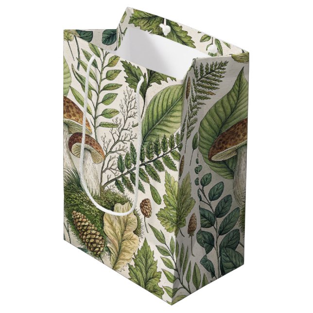 Sac Cadeau Moyen Champignons des bois Pinecones Ferns Motif d'autom (Devant Angle)