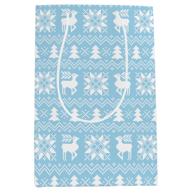 Sac Cadeau Moyen Chandail de Noël bleu traditionnel Design hivernal (Devant)