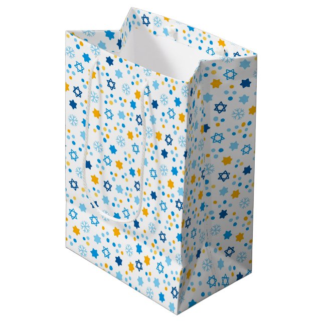 Sac Cadeau Moyen Chanukah Etoiles juives Snowflakes blanc (Devant Angle)