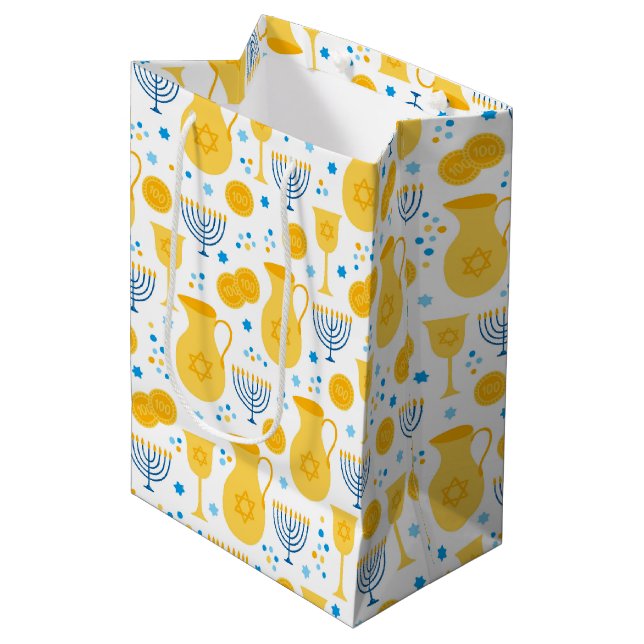 Sac Cadeau Moyen Chanukah Menorahs Gelt White (Devant Angle)