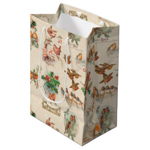 Sac Cadeau Moyen Charmante Vintage Noël Oiseaux et Holly