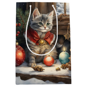 Sac Cadeau Moyen Chat adorable à Red Cape à Noël