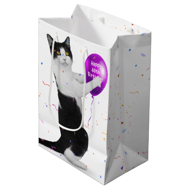 Sac Cadeau Moyen Chat avec 60e Ballons d'Anniversaire Sac-Cadeau Mo (Devant Angle)