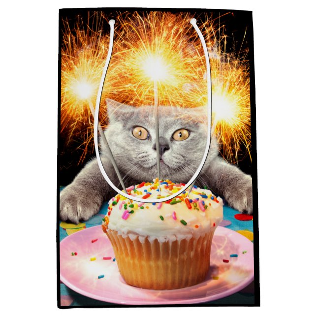 Sac Cadeau Moyen Chat Avec Cupcake Sparkler (Devant)