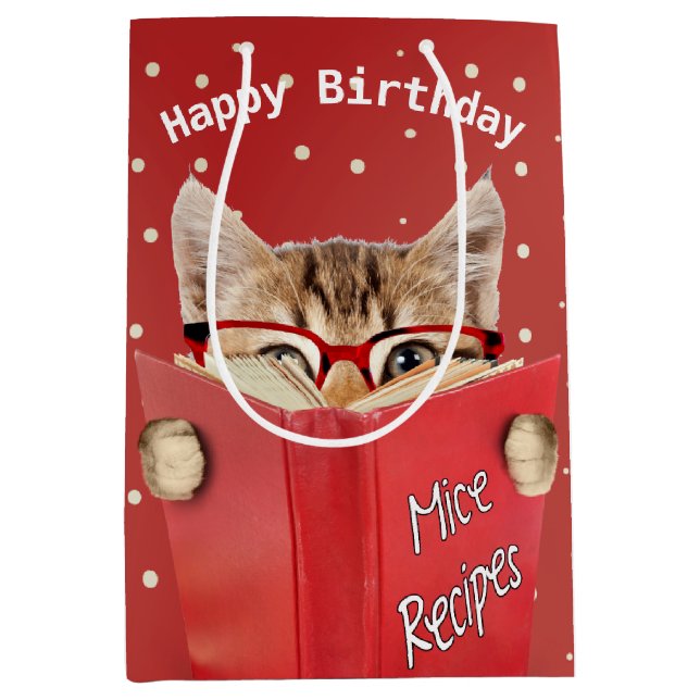 Sac Cadeau Moyen Chat avec lunettes et livre rouge Anniversaire (Devant)