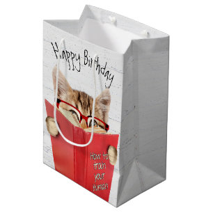Sac Cadeau Moyen Chat avec lunettes et livre rouge Anniversaire