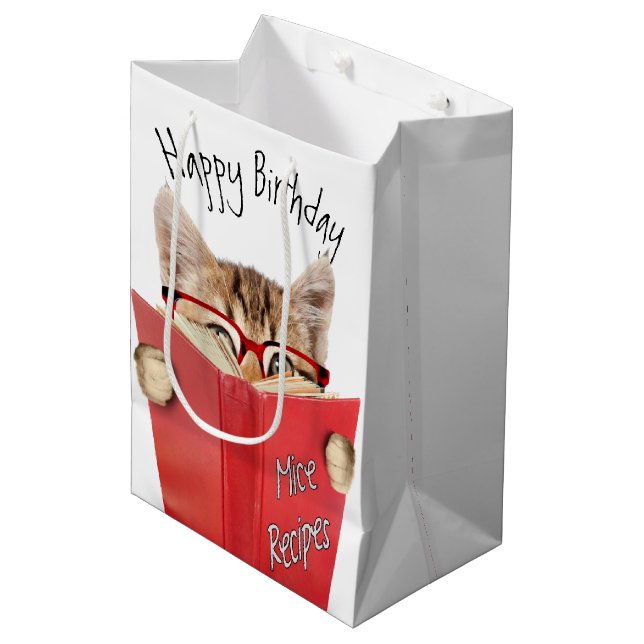 Sac Cadeau Moyen Chat avec lunettes et livre rouge Anniversaire (Devant Angle)