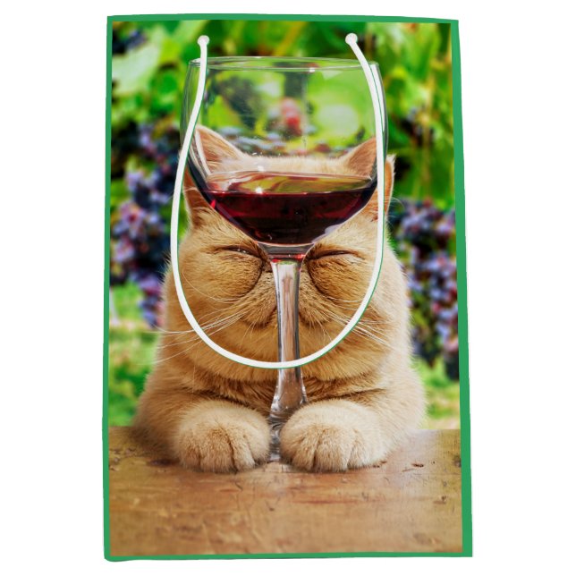Sac Cadeau Moyen Chat avec verre de vin (Devant)