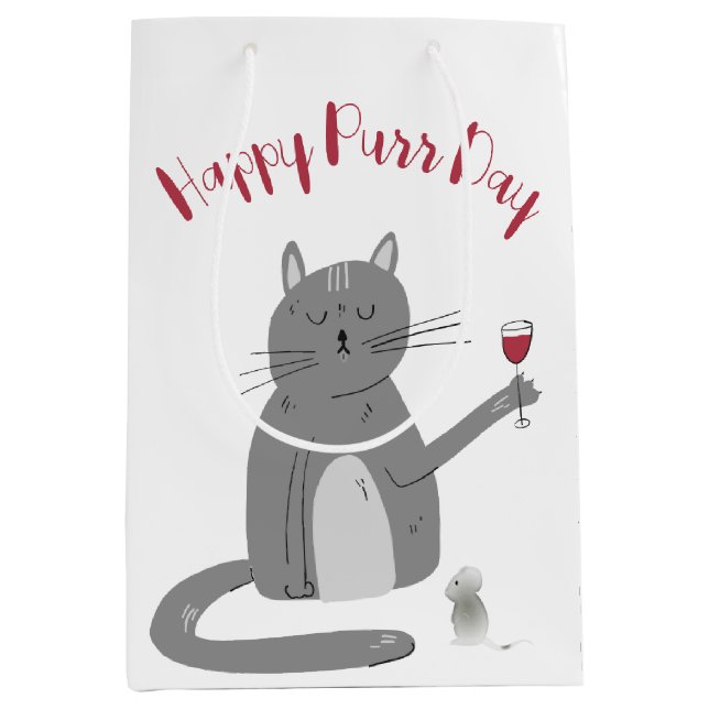 Sac Cadeau Moyen Chat avec Vin Verre Anniversaire (Devant)