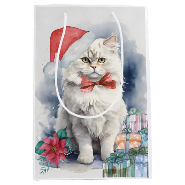 Sac Cadeau Moyen Chat blanc mignon à Santa Hat cadeaux Noël (Devant)