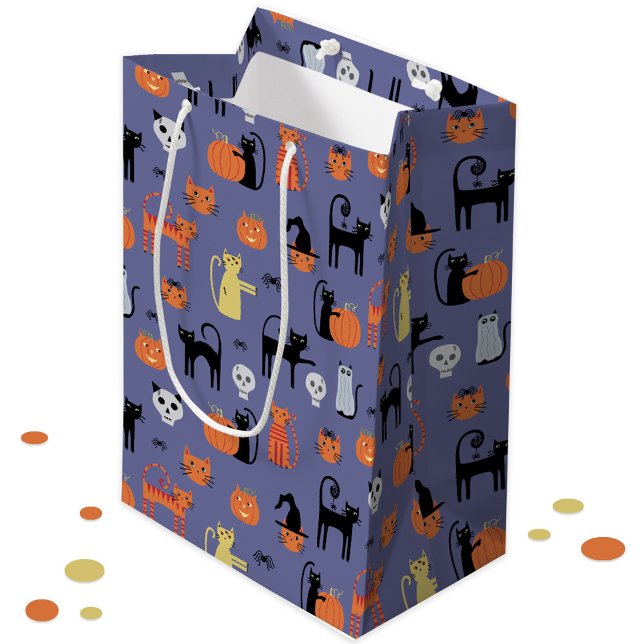 Sac Cadeau Moyen Chat d'Halloween Éffrayant pourpre (Halloween cat gift, favor or trick or treat bag.)