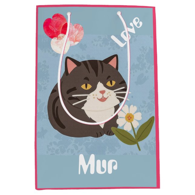 Sac Cadeau Moyen Chat gris mignon personnalisé avec Mur et Amour (Devant)