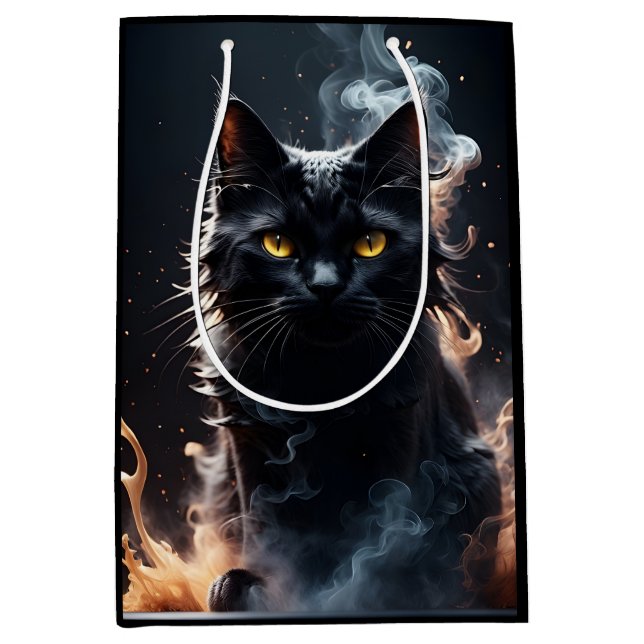 Sac Cadeau Moyen Chat noir dans un brouillard de fumée Mystifié (Devant)