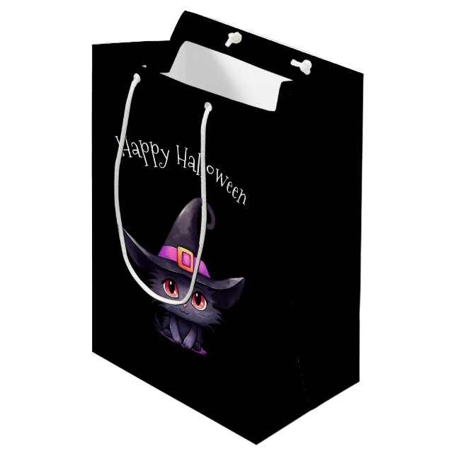 Sac Cadeau Moyen Chat noir mignon portant l'Halloween Casquette d'u (Devant Angle)