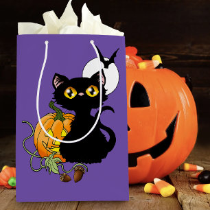 Sac Cadeau Moyen Chat noir violet Citrouille d'Halloween