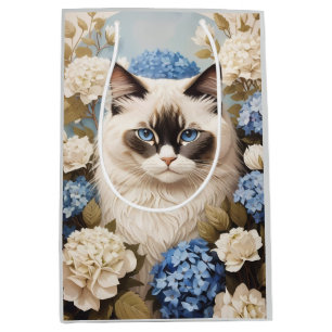 Sac Cadeau Moyen Chat Ragdoll Avec Fleurs Bleues D'Hydrangée