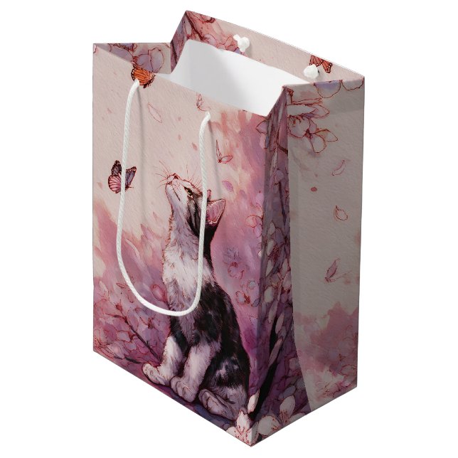 Sac Cadeau Moyen Chat Sakura et Papillons (2) (Devant Angle)