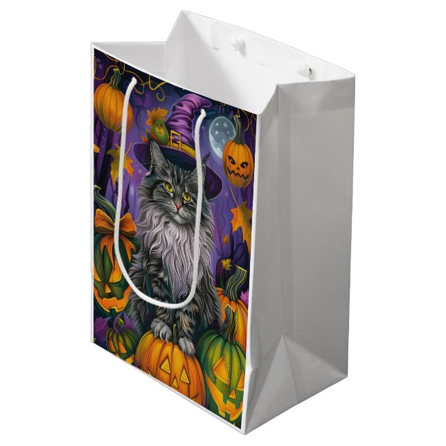 Sac Cadeau Moyen Chat Sibérien éffrayant Halloween sorcière et Citr (Devant Angle)