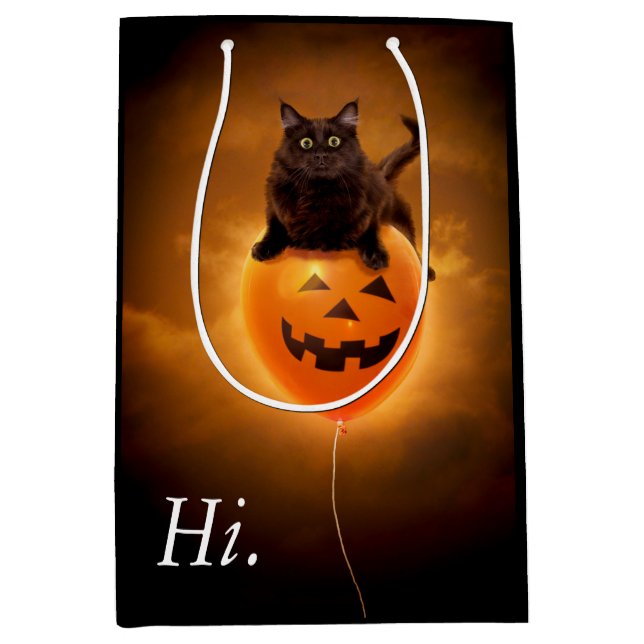 Sac Cadeau Moyen Chat sur le ballon d'Halloween (Devant)