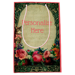 Sac Cadeau Moyen Chat victorien et partition rose floral vintage