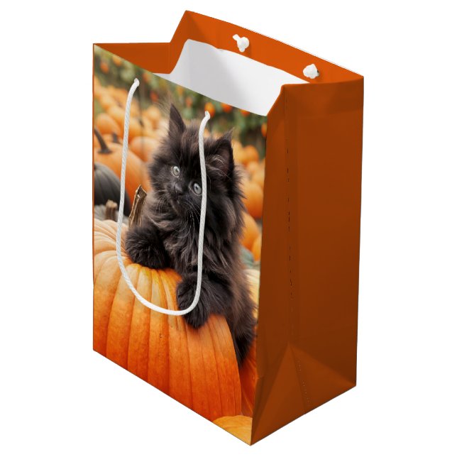 Sac Cadeau Moyen Chaton D'Anniversaire D'Halloween Sur Citrouille (Devant Angle)