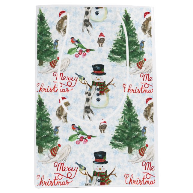 Sac Cadeau Moyen Chatons de Noël et bonshommes de neige (Devant)