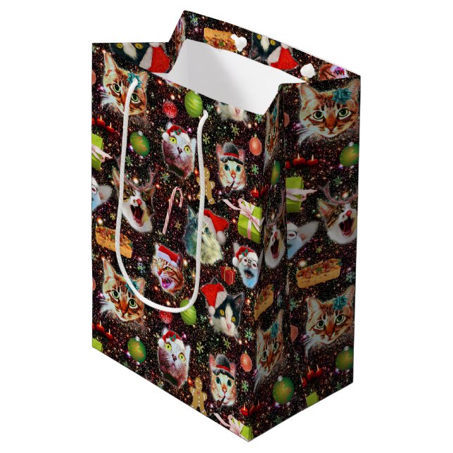 Sac Cadeau Moyen Chats de Noël dans l'espace Galaxy Stars Vacances  (Devant Angle)