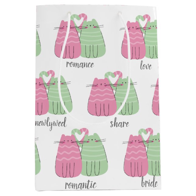 Sac Cadeau Moyen Chats Mariages roses et verts (Devant)