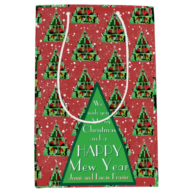 Sac Cadeau Moyen Chats noirs mignons en Sweaters Arbre de Noël Roug (Devant)