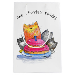 Sac Cadeau Moyen Chats Whimsical avec gâteau d'anniversaire